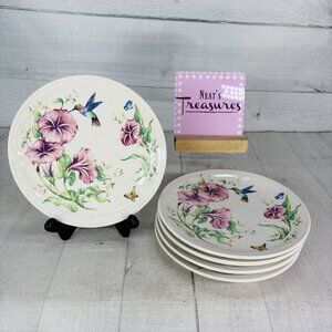 Totally Today Hummingbirds Pink Morning Glory Flower Ceramic Salad Plates Set 5